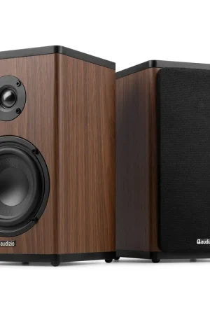 Stock limité - Audizio BS20 - Paire d’Enceintes Bibliothèque Actives BT sur Batterie 50W - Hi-Fi Sans Fil Nomade - Noyer