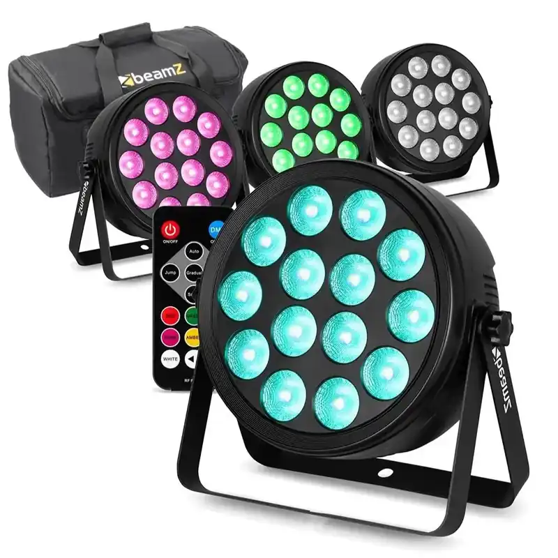 Nouveau | BeamZ BCC145 - Pack de 4 FlatPAR LED RGBW 14x 4W chacun - Extra-Plats - Sacs de Transport - Projecteurs PAR LED Compacts Slim pour DJ et Soirées