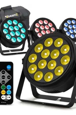 BeamZ BCC165 - Pack de 4 FlatPAR LEDs RGBWA-UV 14x 4W Extra-Plats - Télécommande et Sac de Transport - Projecteurs PAR LEDs DJ - Effet UV pour Soirées - Commandez dès aujourd'hui