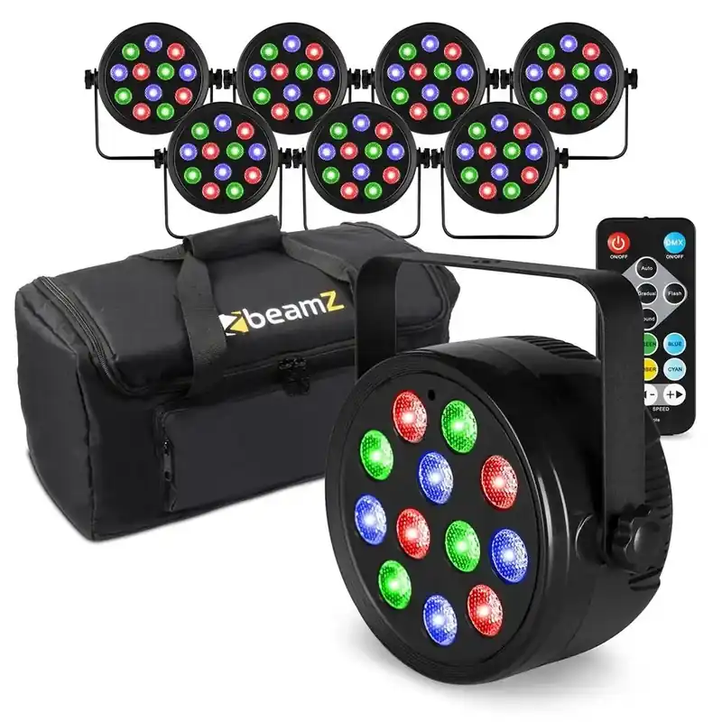 Fuzzix PLF12 - Pack de 8 Projecteurs Party Par RGB DMX - 12 LEDs de 2 Watts - Télécommande, Sac de Transport inclus | Bon prix