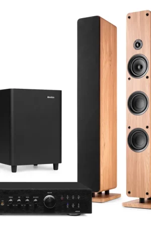 Plus que quelques jours - Audizio ARCO - Pack Home Cinema Système Stéréo Chêne Clair 450W avec Enceintes Colonnes, Subwoofer 6.5" et Amplificateur - Son Puissant Hi-Fi pour Salon et TV