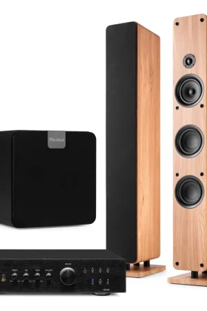 Audizio ARCO - Pack Home Cinema Système Stéréo Chêne Clair 480W avec Enceintes Colonnes, Subwoofer 8" et Amplificateur - Son Puissant Hi-Fi pour Salon et TV - Soldes