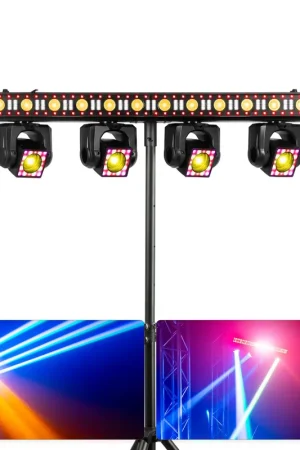 Nouveau produit - BeamZ Showbar GO Edge - Barre 4 Lyres LED RGBWA 160W avec Barre LED et Stroboscope + Pied - Éclairage DJ Scène Complet