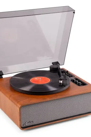 Aujourd'hui seulement | Audizio Laredo - Platine Vinyle Haut de Gamme Hi-Fi BT in/out - Haut-Parleurs intégrés - Finition Merisier
