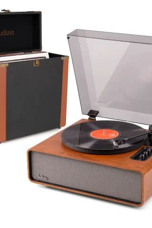 Audizio Laredo - Pack Platine Vinyle BT Hi-Fi Haut de Gamme - Haut-Parleurs intégrés - Merisier avec Valise Vinyle Audizio RC37 Édition Luxe - Satisfait ou remboursé