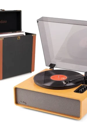 Retour gratuit - Audizio Laredo - Pack Platine Vinyle BT Hi-Fi Haut de Gamme - Haut-Parleurs intégrés - Bambou avec Valise Vinyle Audizio RC37 Édition Luxe