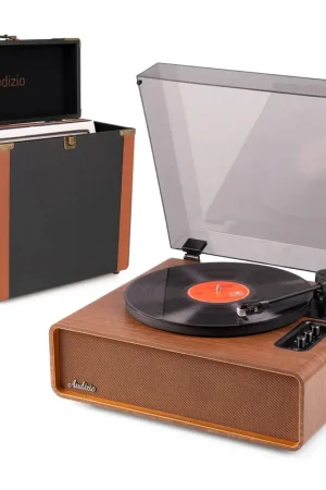 Prix malin - Audizio Laredo - Pack Platine Vinyle BT Hi-Fi Haut de Gamme - Haut-Parleurs intégrés - Noyer avec Valise Vinyle Audizio RC37 Édition Luxe