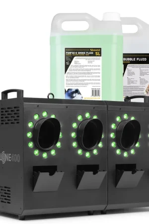 Dernier arrivage - BeamZ Cyclone400 - Pack Machine à Fumée et à Bulles avec 48 LEDs RGBW Intégrés - 5L de liquide à fumée et 5L de liquide à bulles inclus
