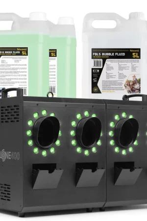Prix cassé - BeamZ Cyclone400 - Pack Machine à Fumée et à Bulles avec 48 LEDs RGBW Intégrés - 10L de liquide à fumée et 10L de liquide à bulles inclus