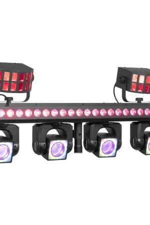 Remise - BeamZ Showbar GO Ultra - Barre 4 Lyres LED RGBW 160W avec Barre LED, Derby et Anneaux LED - Éclairage DJ Scène Complet