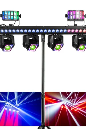 Offre - BeamZ Showbar GO Ultra - Barre 4 Lyres LED RGBW 160W avec Barre LED, Derby et Anneaux LED + Pied - Éclairage DJ Scène Complet
