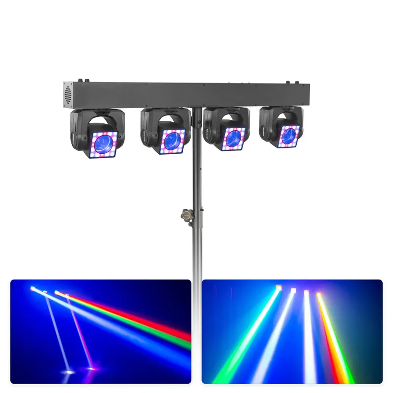Jusqu'à épuisement des stocks - BeamZ Showbar GO Shine - Barre 4 Lyres LED RGBW 160W avec Anneaux LED + Pied - Éclairage DJ Scène