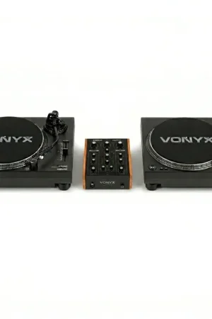 Expédition rapide - Vonyx DT6000 - Pack de 2 Platines Vinyles DJ Direct Drive avec Cellule Audio-Technica + Table de Mixage Rotative VDJ250