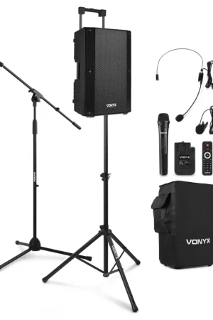 Promotion - Vonyx VSA500-BP - Enceinte Sono Portable 12" 800W avec Housse, 2 Micros, Pied d'Enceinte et Pied de Micro