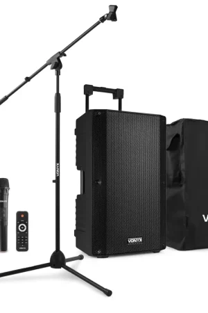 Prix mini | Vonyx VSA700 - Enceinte Sono Portable 15" 1000W avec Housse, 2 Micros Main et Pied de Micro
