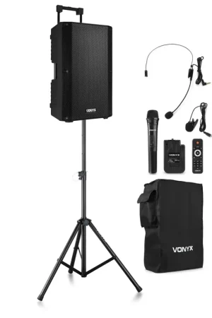 Vonyx VSA700-BP - Enceinte Sono Portable 15" 1000W avec Housse, 2 Micros et Pied d'Enceinte - Très bien noté