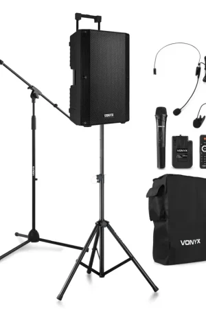 Vonyx VSA700-BP - Enceinte Sono Portable 15" 1000W avec Housse, 2 Micros, Pied d'Enceinte et Pied de Micro | Meilleure vente