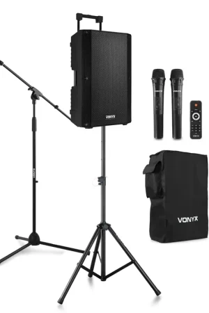 Vonyx VSA700 - Enceinte Sono Portable 15" 1000W avec Housse, 2 Micros Main, Pied d'Enceinte et Pied de Micro | Offre du jour