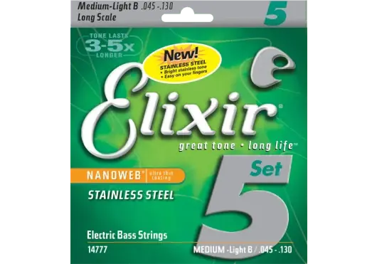 Jeu de Cordes Basse Electrique Elixir Nanoweb Stainless 5 Cordes 45/130 REF:14777 - Offre exclusive